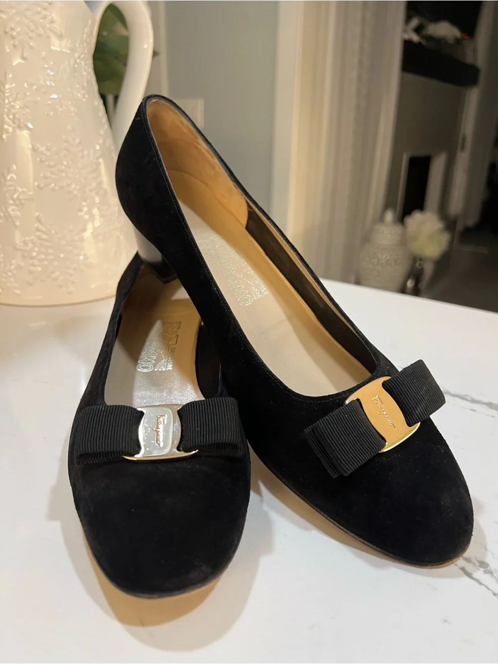 Salvatore Ferragamo Black Suede Vara Bow Pumps with Gold Hardware size W 11.5